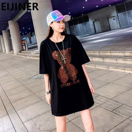 Hot Rhinestone Cartoon Bear Cute Short Sleeve T-shirt Womens Cotton Korean Casual Black Oversized Harajuku Kawaii Graphic Tees