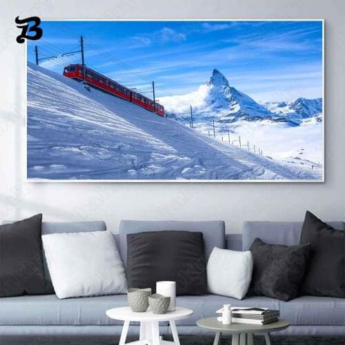 Canvas Painting Wall Art Winter Landscape Painting Snow Mountain Train Wall Pictures for Living Room Home Wall Decoration Mural