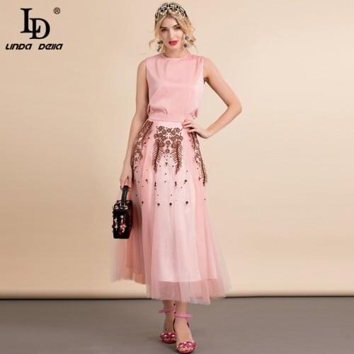 LD LINDA DELLA Fashion Designer Summer New Skirt Two Piece Set Womens Pink Sleeveless Top and Embroidery Mesh Midi Skirts Suit