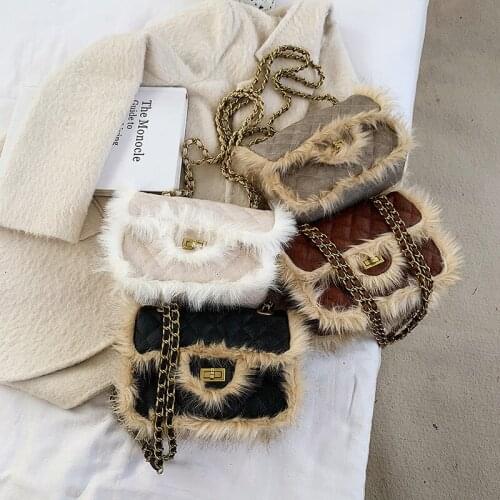 Fashion Lingge chain small square shoulder messenger chain women handbags faux fur crossbody bags