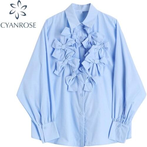 Fashion 2021 Autumn Shirts Women Blue Bow Hollow Out Long Sleeve Blouse Casual Korean Style Sweet Loose Vintage Female Shirt
