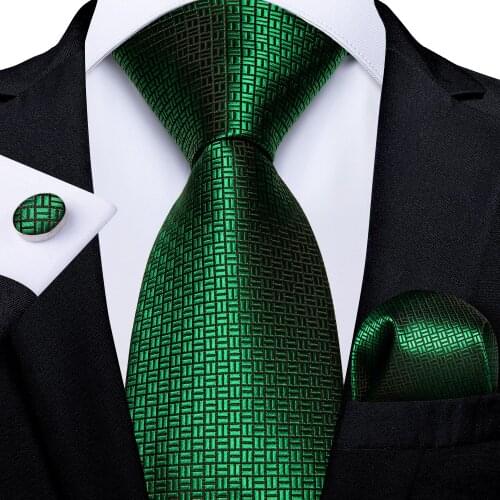 Mens Ties Green Solid Neck Tie Pocket Square Cuffliinks Set Wedding Party Men Accessories 8cm Wide Silk Tie