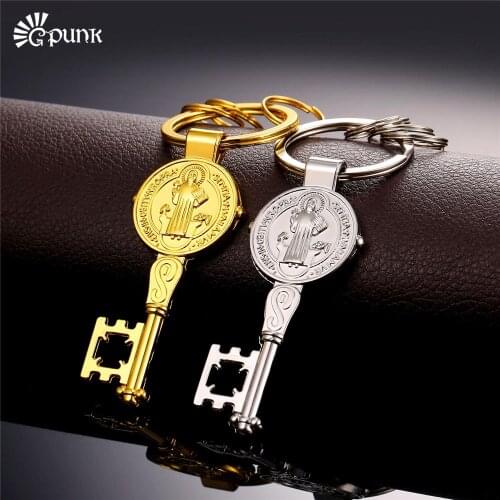 Men metal Car key chain Key Saint Benedict Medal Gold color Key holder key ring for gift K23G
