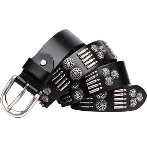 Punk Bullet Rivet Belt Mens Top Grain Real Leather Belt Pin Buckle Belt For Jeans Female Personality Cool Gift
