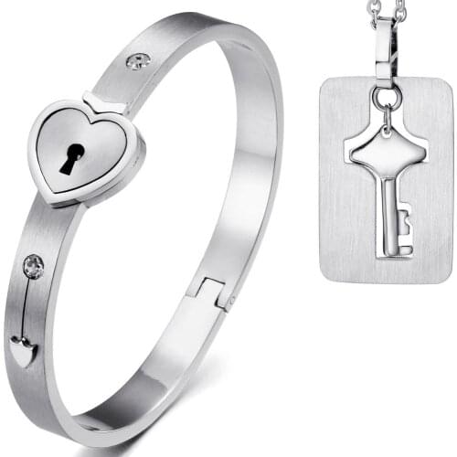 BONISKISS 2pcs Fashion Couple Jewelry Set Stainless Steel Heart Lock Love Bangle Bracelet & Key Tag Pendant Necklace Set