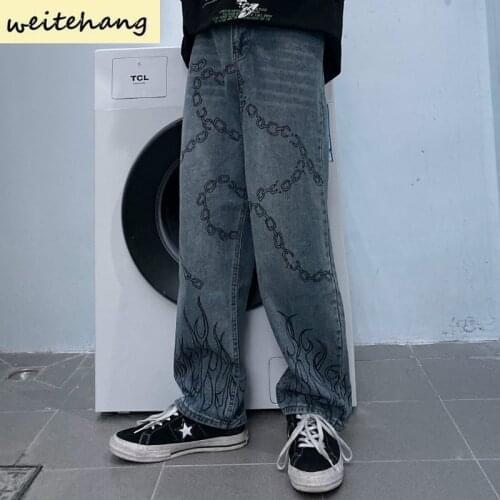 New Autumn Casual Jeans Woman Long Trousers Straight Wide Leg Pants Woman Loose Streetwear Graffiti Flame Print Pants Jeans 320