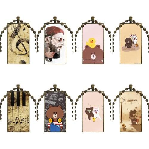 Necklace With Bronze Plated Glass Cabochon Choker Long Pendant Rectangle Necklace For Girls Best Gift Back Panda Bear Painting