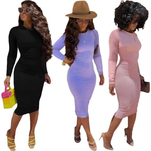 Casual Women Dress Bodycon Full Sleeve Party Night High Street Solid Color Long Dress Skinny For Women Outfit