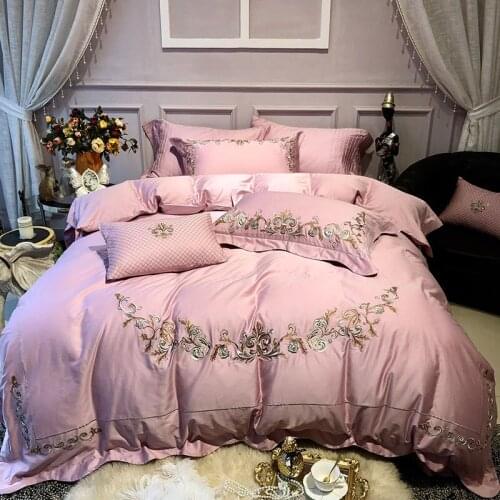 Luxury Solid pink 100S Egyptian cotton Embroidery Bedding sets Queen King Pastoral Duvet cover Bed sheet set Pillowcases 4pcs