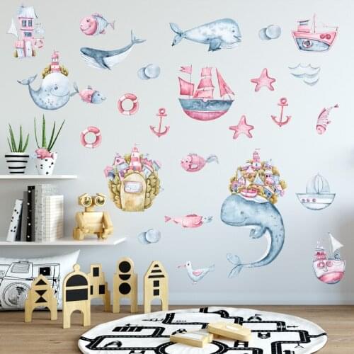 Light Blue Whale Boat Anchor Wall Sticker Underwater World Wallpaper For Childrens Room Creative Kids Bedroom Decor Wall Decal