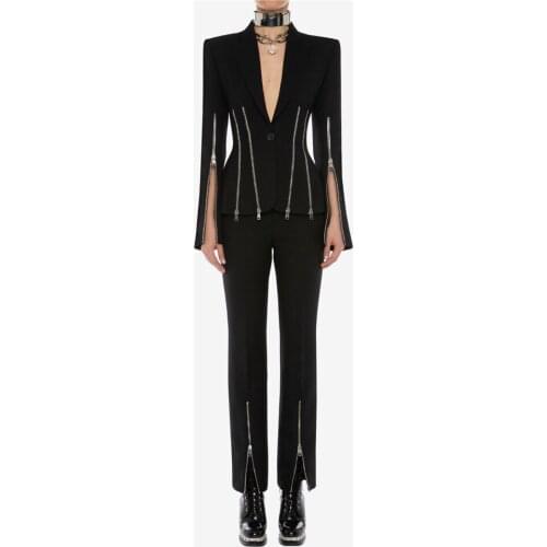 High Quality Womens Sets Black Long Sleeve Zipper Coat With Pant Celebrity Night Party Women Set