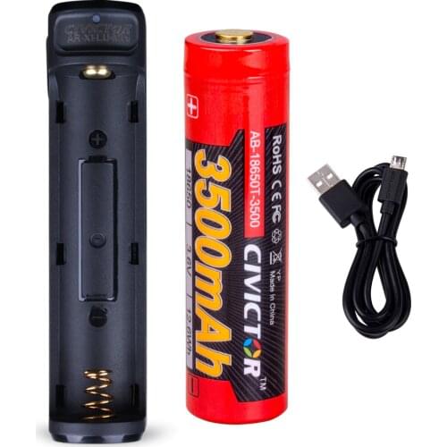 CIVICTOR 18650 Charger with 3500mah Li-ion 18650 Battery Protected 3.7V 18650 Rechargeable Lithium ion Cell for Flashlight
