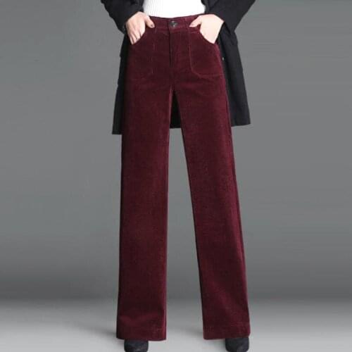 2018 Fall Spring Casual Women Female Wine Red Grey Black Wide Leg Corduroy Trousers , 4xl Elastic High Waisted Pants For Woman