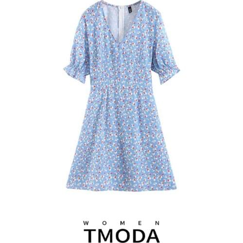 TMODA 2019 Vestidos Vintage Dress Floral Print Chiffon Short Sleeve Dresses Women Ruffles Dress Ladies V Neck Summer Boho Dress