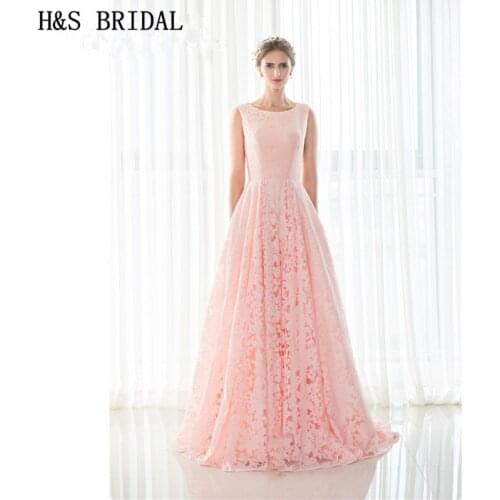 H&S BRIDAL Pink Lace Evening Gown Floor-length cheap long evening dresses robe de mariage 2020 Evening Party