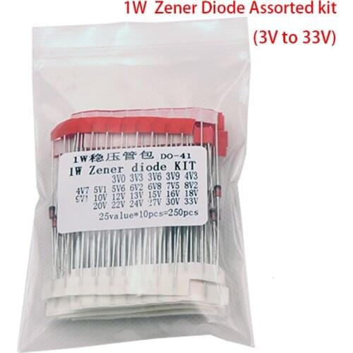 1W (3V to 33V) 250 Pcs 25 Values 1W Zener Diode Assorted kit Assortment Set New