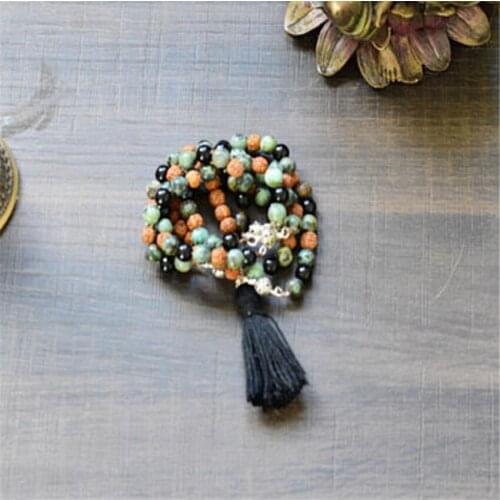 8mm Rudraksha African Turquoise Mala necklace 108 Bead Gemstone cuff Chakas Bless Buddhism Handmade pray Wrist yoga energy Fancy