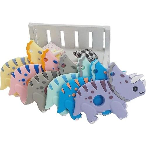 Chenkai 10PCS BPA Free Silicone Triceratops Teethers Sensory Chewing Pacifier DIY Baby Necklace Pendant Teething Chewing Toys