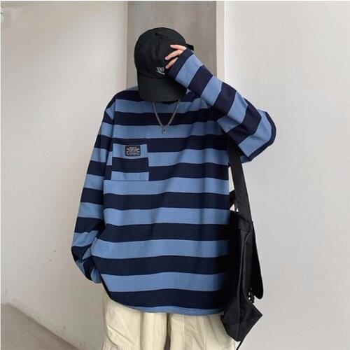 Hot Sale 2021 Striped All-Match Mens T-Shirt Harajuku Korean Style Loose Oversized Long Sleeve Clothes Hip Hop Streetwear Tops