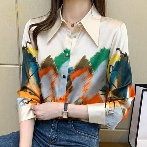 H Han Queen Office Lady Blusa Turn-down Collar Vintage Print Tops New Elegant Chiffon Women Blouses Long Sleeve Casual Shirts