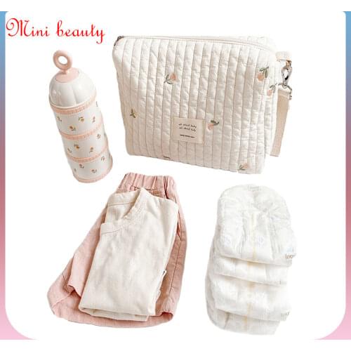 Korean Embroidery Diaper Bag Fashion Cart Storage Cotton New Zipper Mommy Bag Botique Newborns Baby Travel Nappy Changing
