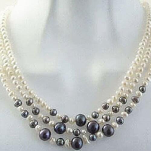 Beautiful 3row 6-7mm natural freshwater cultured white black round pearl beads necklace original design jewelry 17-19inch BV149