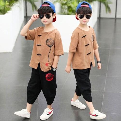 Summer Vintage Style Kid Clothing Outfits Casual Short Sleeve T-shirt+Pant 2Pieces Sets Mid Big Children Kids Clothes Boys Set