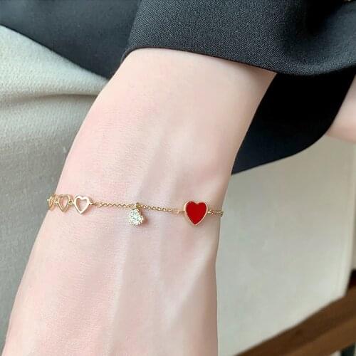 Sweet Gold Color Red Heart Zircon Bracelet For Women Valentines Gift Jewelry pulseras