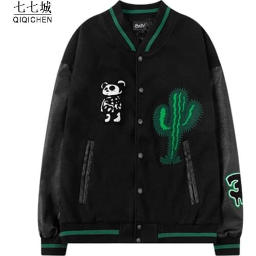 Mens College Baseball Jacket Furry Letter Cactus Embroidery Patch Hip Hop Casual Bomber Coat Patchwork Varsity Jackets Male