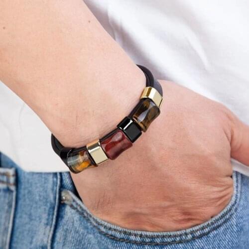 New bone type natural tigers eye leather rope stainless steel mens bracelet bracelet gift
