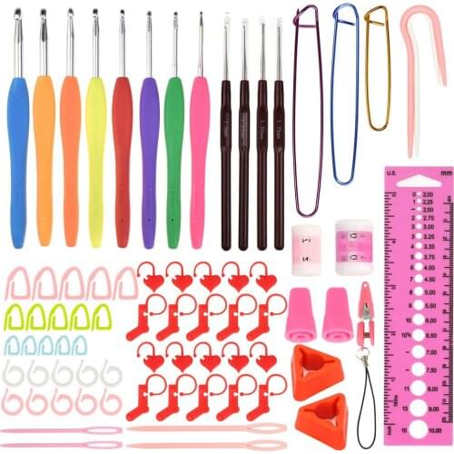 1 Set Crochet Hooks Set Anti-slip Handle Knitting Needle Ruler Marker with Box DIY Arts Craft Scissors Stitch Marker Sewing Tool