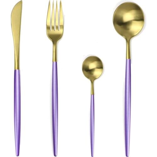 JANKNG 24pcs Purple Gold 18/10 Stainless Steel Cutlery Set Table Knife Fork Dinner Sets Western Golden Tableware Utensils