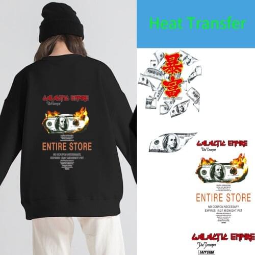 Cool US dollar bills printed on clothes heat transfer stickers flame English letters iron in DIY accessories for young people