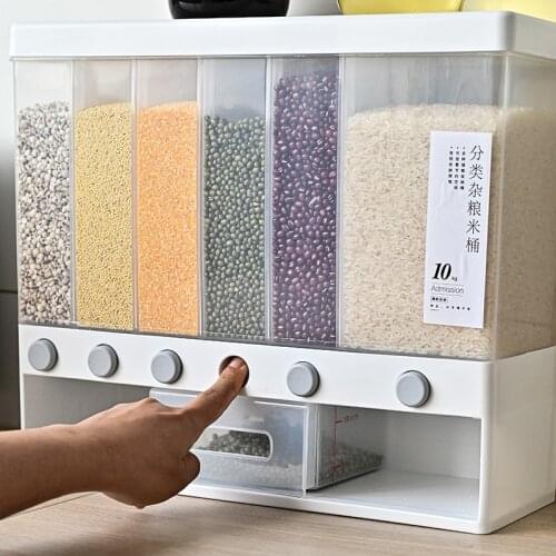 6 Grids Wall-mounted Dry Food Dispenser Grain Rice Bucket Rice Storage Tank Organizer Kitchen Storage Box Cereal Food Containers