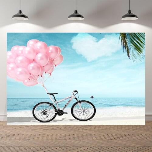 Neoback Summer Vacation Sea Beach Photo Balloon Bicycle Holiday Photography Background Photographic Backdrop For Studio Shoot
