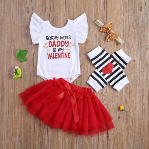 Valentines Day Baby Girls Clothes Sets Letter Print Ruffles Short Sleeve Romper Lace Tutu Skirts Headband Leg Warm