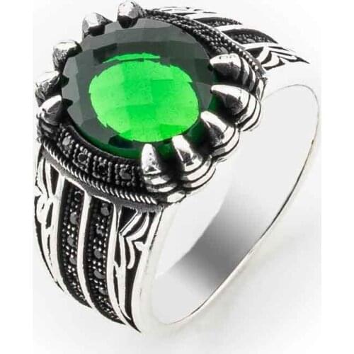 Green Zircon Stone Eagle Claw Silver Ring