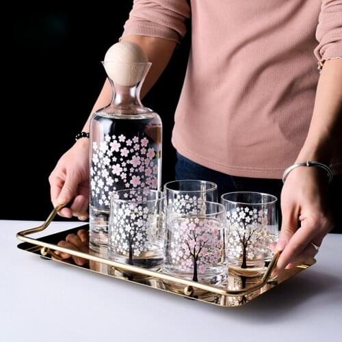 Cherry Blossoms In Hot Discolored Water Kettle with Natural Wood Ball Lid Clear Cold Water Jug Juice Beverage Pitcher Home