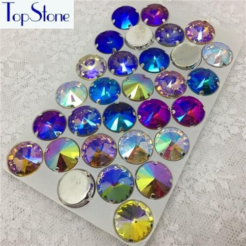 ALL AB Color Sew On Crystal Rivoli Rhinestones In Silver Claw Setting 6,8,10,12,14,16,18mm Round Sew-On Stone Dress Making