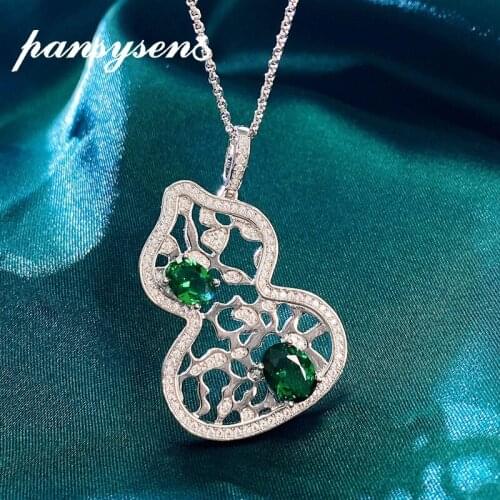 PANSYSEN Luxury Hollow Gourd Design Solid 925 Sterling Silver Emerald Created Moissanite Gemstone Pendant Necklaces for Women