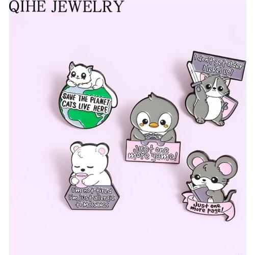 Quotes Animals Enamel Pin Rat Penguin Raccoon Bear Cat Brooches for Women Cute Backpacks Lapel Pin Badge Jewelry Gift Wholesale