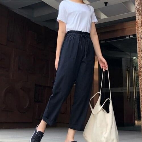 Women Casual Harajuku Spring New Summer Long Thin Section Trousers Sashes High Elastic Waist Pants Ankle Length Haren Pants