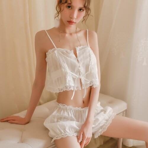 Ladies Sexy Pajamas Set Soft Shirt Shorts Underwear Lace Sexy Button Up Drawstring Crop Top Camisole Lotus Leaf Lace Bloomers