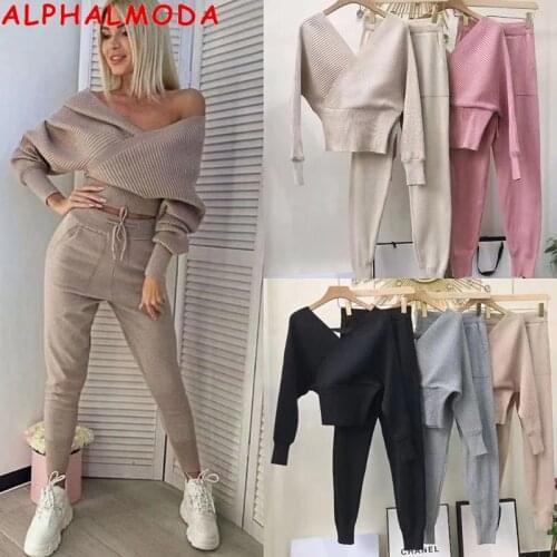 ALPHALMODA 2021 Candy Color Knitting Jumper Jogger Pants Women 2pcs Solid Suits V-neck Pencil Trousers Ladies Casual Sets