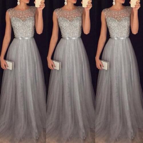 Women Lace Long Dress Solid Sleeveless O Neck Formal Sexy Sequined Ball Gown Maxi Dress