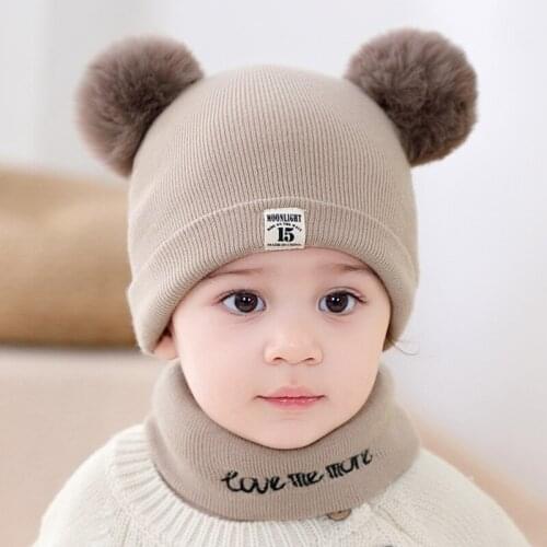 2Pcs Baby Hat Scarf Set Winter Boy Girl Cute Furry Ball Pompom Cap Newborn Girl Autumn Solid Warm Beanie Boy Elastic Scarf Suit