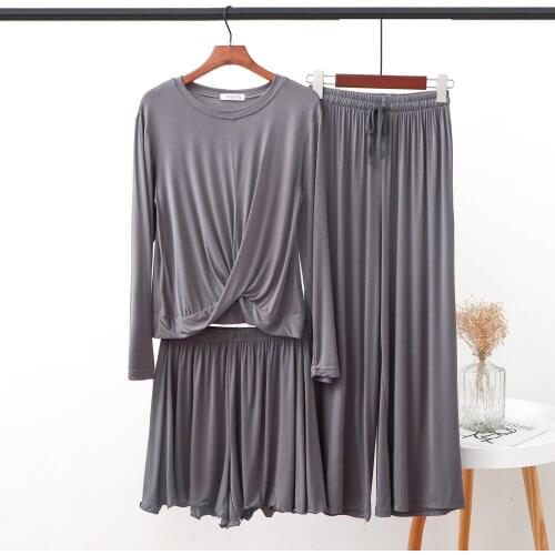 2021 spring and autumn new three-piece home service Korean sexy twist T-shirt long-sleeved female + wide-leg pants suit trendy