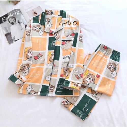 2021 spring and autumn new ladies knitted cartoon style pajamas suit ladies plus size loose home wear suit ladies cotton home we