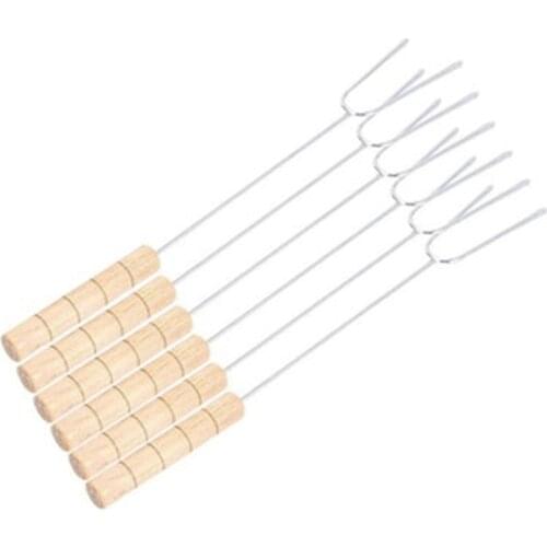 6 PCS Double Needle Barbecue Fork Stainless Steel Wooden Handle Barbecue Outdoor Kebab Barbecue Tool Accessories