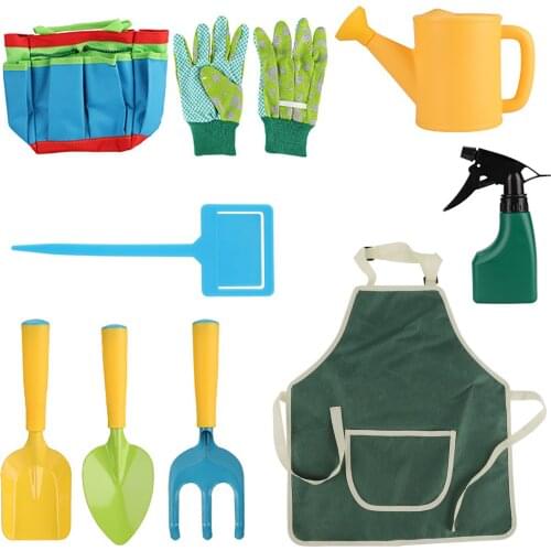 9pcs Kids Mini Gardening Tools Set Gloves Apron Shovels Rake Watering Can Spray Bottle Outdoor Toys for Gardener Boys Girls